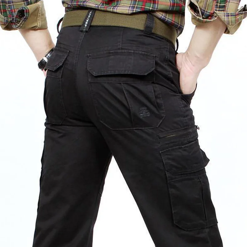 Calças cargo masculinas de algodão puro com vários bolsos, calças casuais sólidas de grandes dimensões, roupas masculinas de alta qualidade 30-48