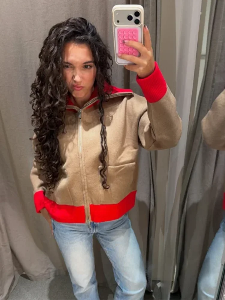 Vintage Contrast Knitted Short Jacket Women Double Zip Long Sleeve Loose Cropped Outerwear 2026 Fall Daily Street Daily Wear New