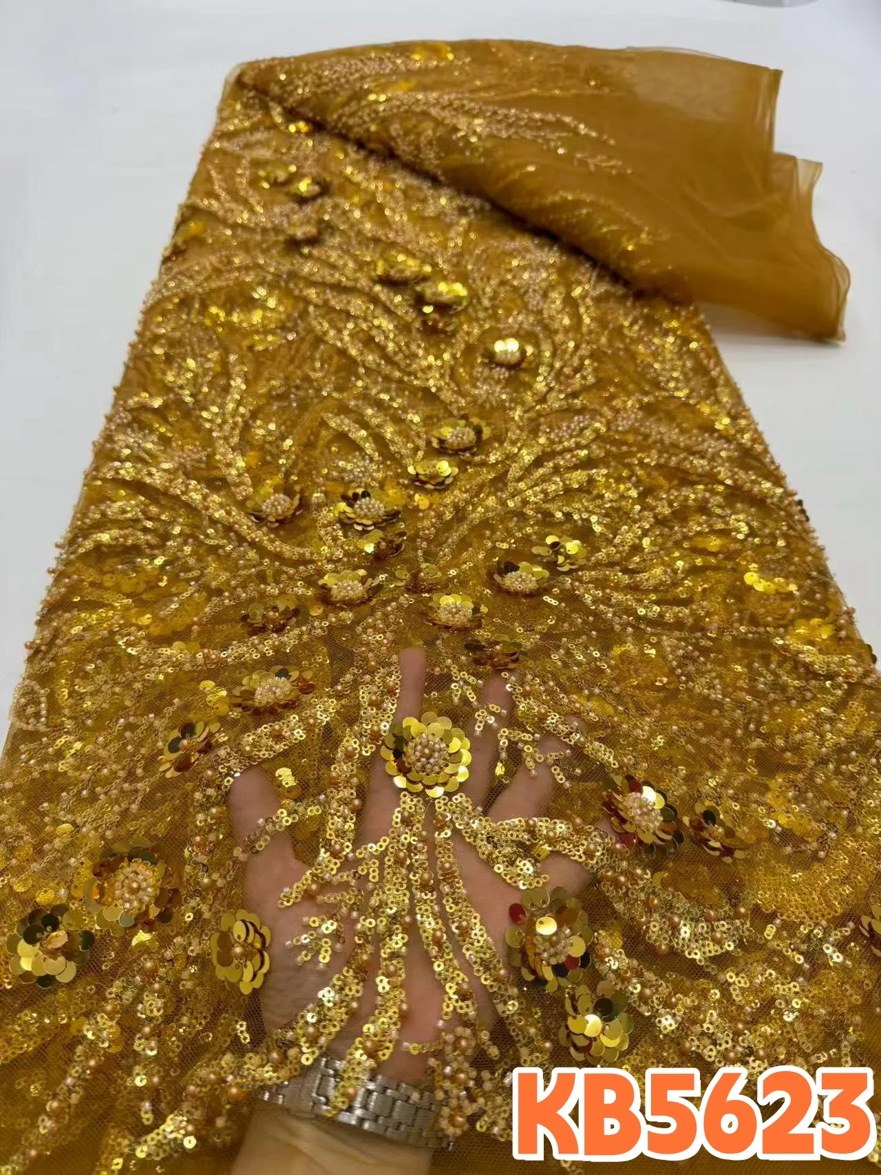 

YALISI African Gold Sequins Lace Fabric Nigeria Beaded Embroidery French Tulle Mesh Lace Fabric Material for Sewing KB5623