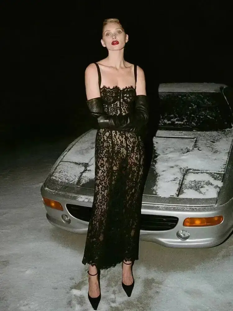 Sexy Spaghetti Strap V Neck Lace Long Dress Women Floral Lace Sleeveless Bodycon Dresses Elegant Evening Celebrity Party 6HP5