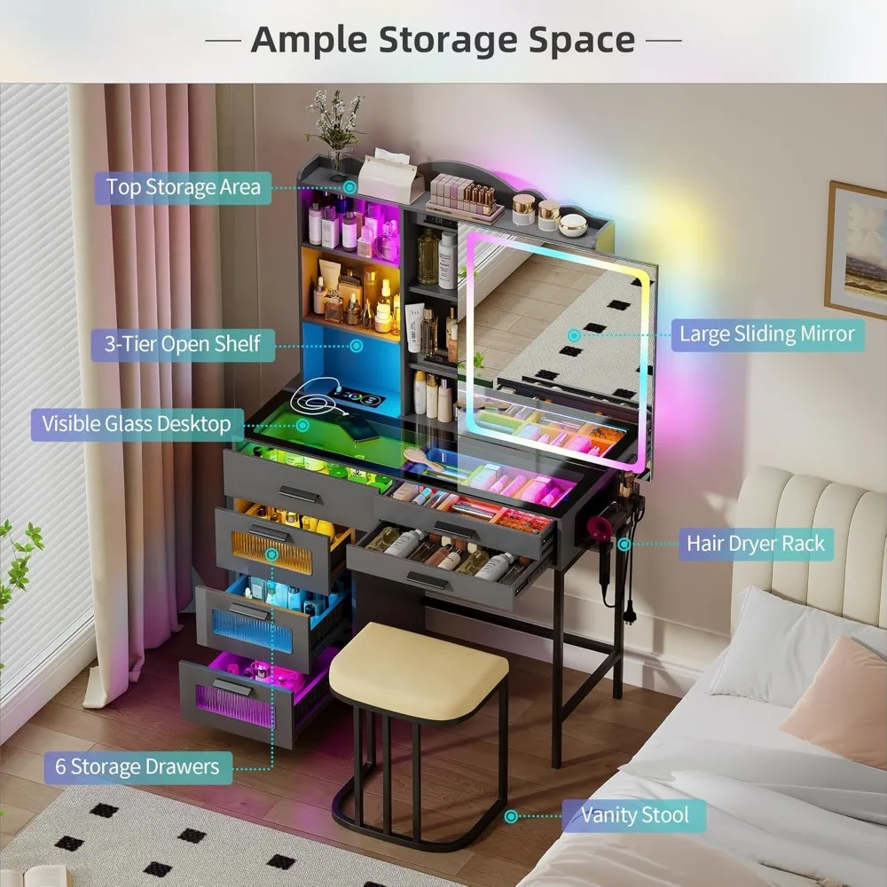 مكتب زينة RGB مع مرآة وأضواء منزلقة، زينة مكياج مع محطة شحن، طاولة زينة LED مع سطح زجاجي، فانيتي للفتيات