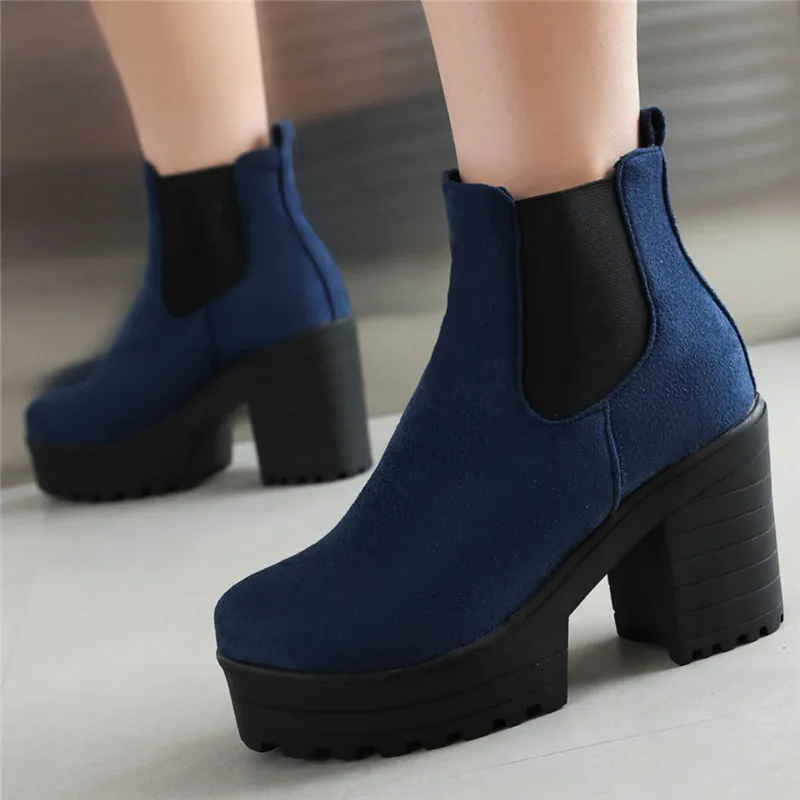 Plus Size 34-42 Flock Slip On Ankle Boots Women Thick High Heels Platform Boots Mixed Colors Ladies Round Toe Autumn Boots