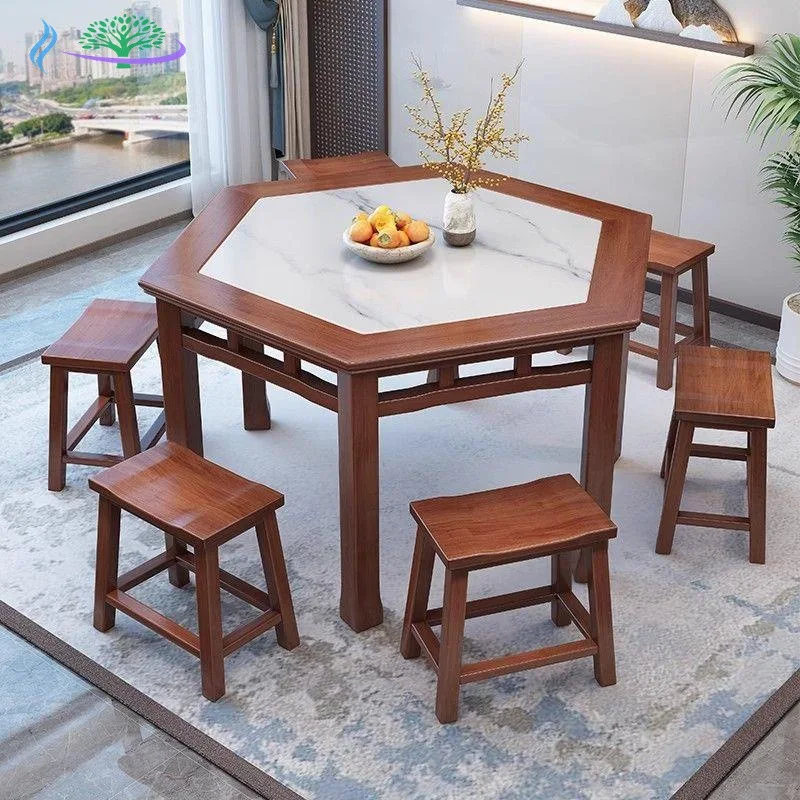 New Chinese solid wood rock slab table, hexagonal table and chair combination, hexagonal table top in restaurants and tea houses