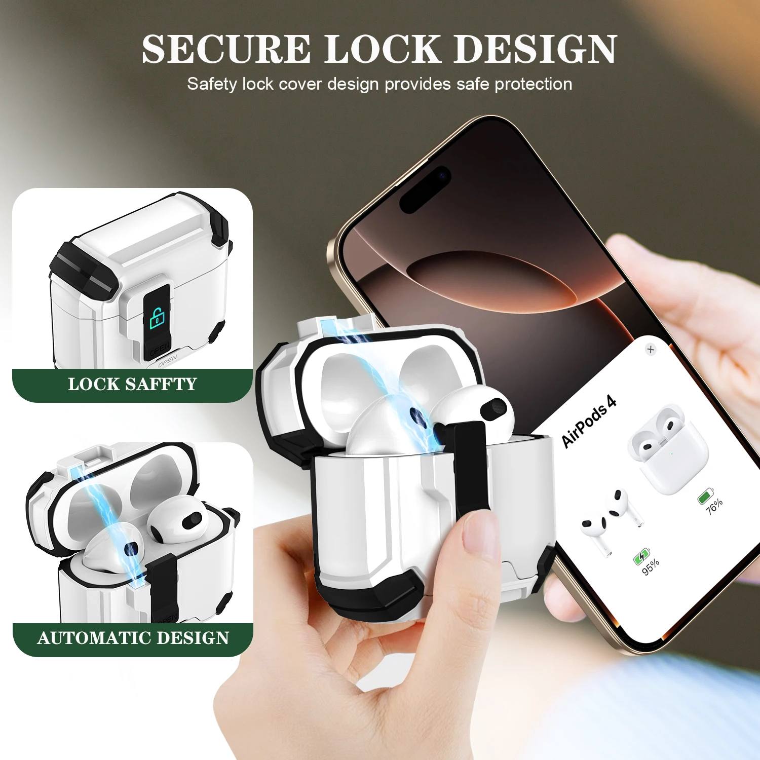 For AirPods 4 Case Secure Lock Full-Body Shockproof Protective Cover 2024 (USB-C) with Keychain Drop-Proof Lock For AirPods 4th