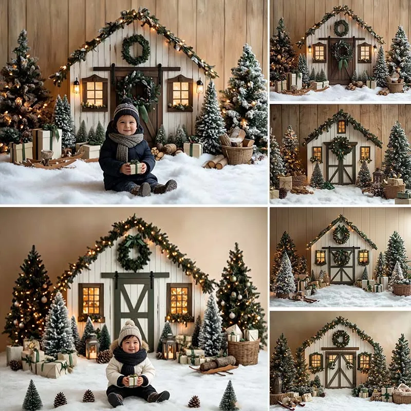 LS Photography Background Christmas Winter Cabin Lights Xmas Tree Gifts Kids Family Portrait Decor Backdrop Photo Studio