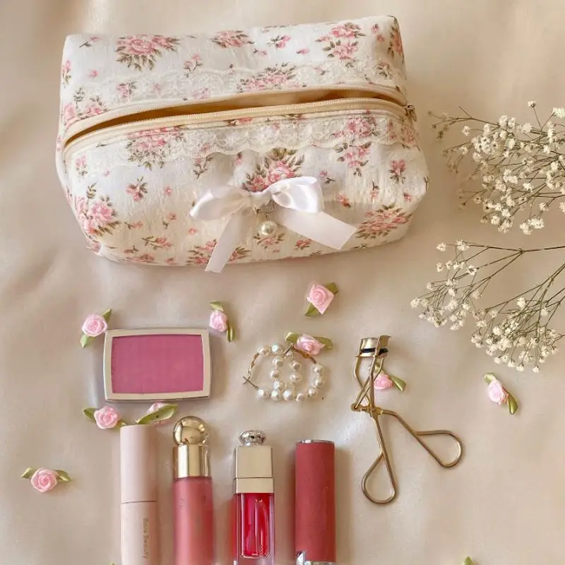 Vielseitige Make-up-Organizer-Tasche für Damen, Spitzenschleifen-Design – reisefreundliches Federmäppchen mit großem Fassungsvermögen für kosmetische Aufbewahrung