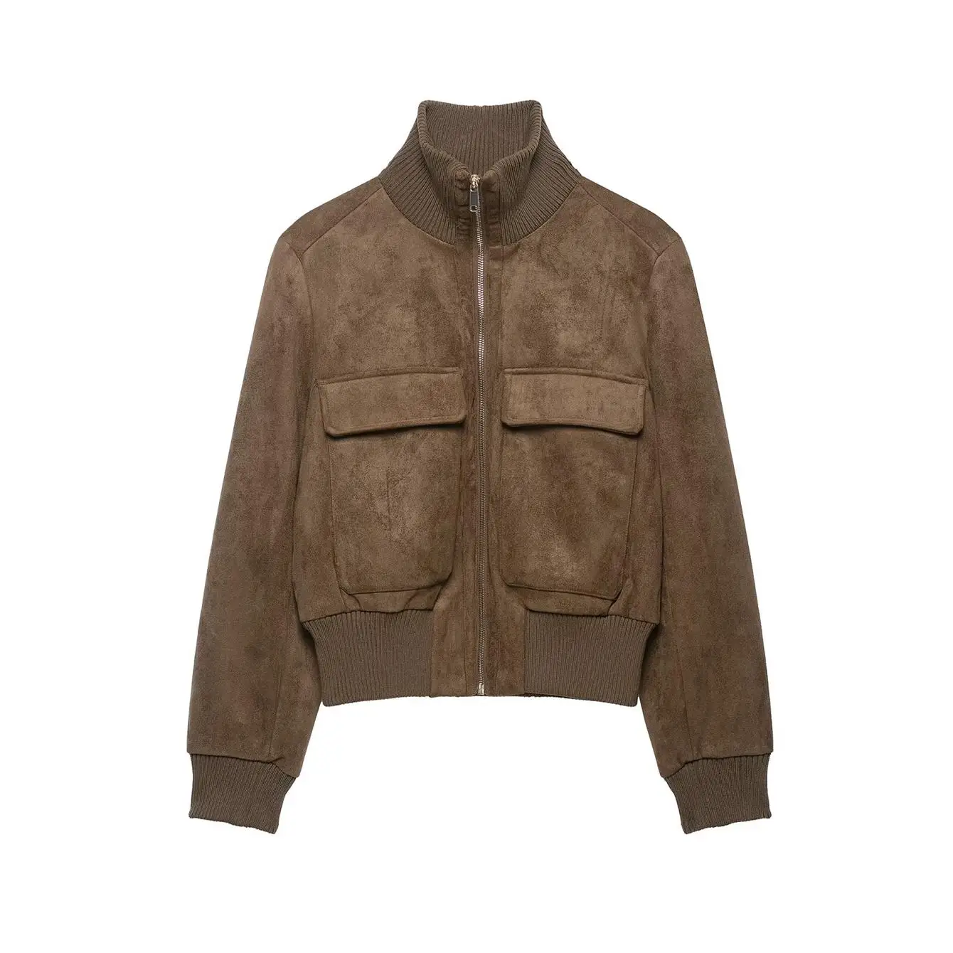 TFMLN Damen Kunstwildlederjacke, einfarbig, schmale Passform, hoher Kragen, lange Ärmel, Reißverschlusstaschen, elastischer Saum, Mantel, Herbstjacken 2026, neu – Detail 2