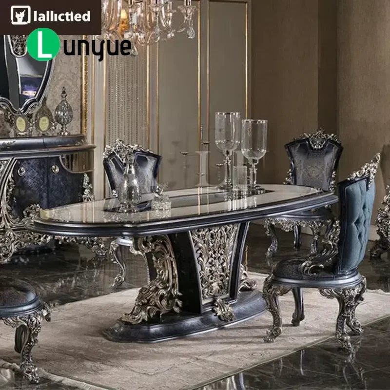 European Solid Wood Carved Flower Tempered Glass Oval Dining Table Luxury French Style Furniture for Large Apartment Home