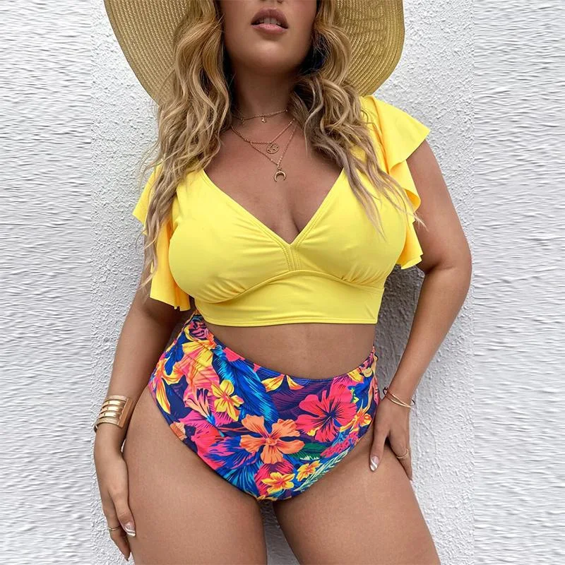 2026 Plus Size Ruffle Sleeve V Neck Bikini Top Colorful Tropical Floral High Waist Tummy Control Bikini Two Piece Bathing Suit