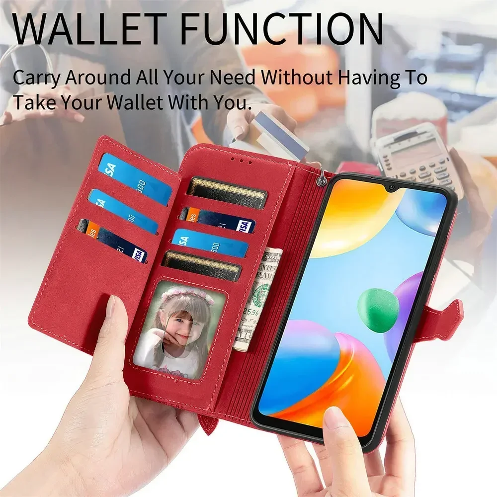 For Redmi 14c 13 13C 12C 10C 9T 9C NFC Luxury Case Zip Leather Wallet Shell Xiaomi Redmi Note 10 Pro 9 T 8 10T 8T A2 Flip Cover