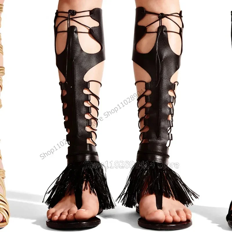 Black Tassels Hollow Design Flip Flop Sandals Boots Lace Up Women Shoes Low Top Fashion Party Runway 2024 Zapatos Para Mujere