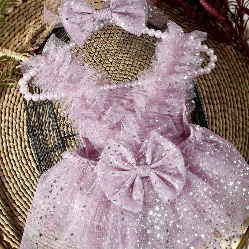 J15U فستان جميل للتصوير الفوتوغرافي لحديثي الولادة من التول، دعامة شعر جميلة مع فيونكة ونجمة للأطفال من عمر 0 ​​إلى 3 أشهر