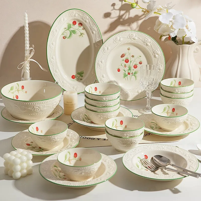 

French Style White Plates Dinner Sets Wedding Party Ceramic Dinner Sets Full Set Pratos De Jantar Conjuntos Ceramic Tableware