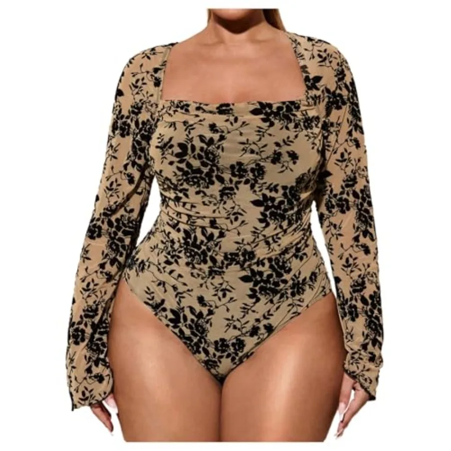 

WDIRARA Women's Plus Size Floral Long Bell Sleeve Bodysuit Square Neck Mesh Body Suit