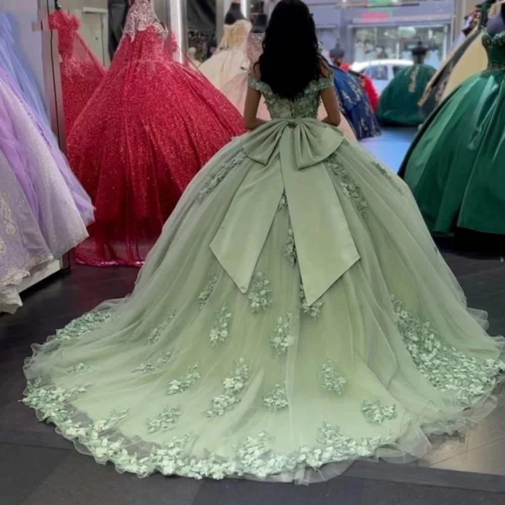 Bunga 3D Sage hijau Quinceanera gaun dengan busur Formal pesta ulang tahun Prom untuk 16 tahun Vestido De 15 aagos korset