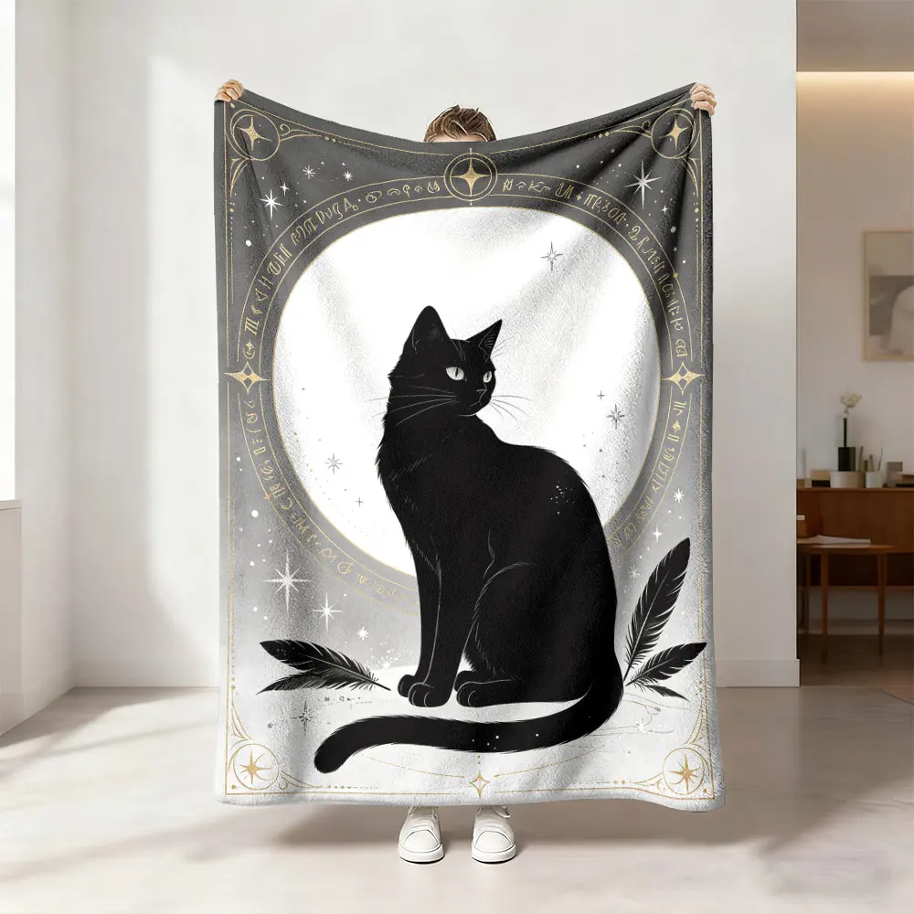 1Pc Moonlit Black Cat Tarot Pattern Flannel Blanket Multiple Sizes Cozy Warm Throw Ideal For Sofa Leisure Office Daily Break