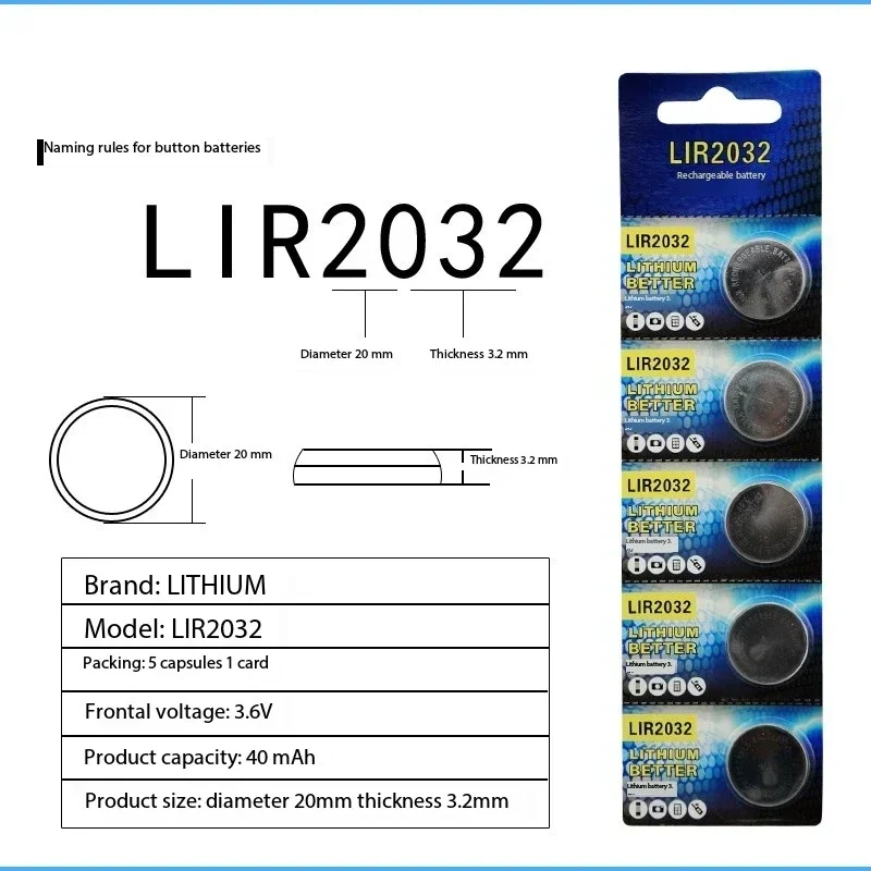 Pile bouton aste, pile bouton, 3.6V, LIR2032, LIR2016, LIR2025, 24.com, LIR 2032, CR2032, CR2025, CR2016, Watch 24.com, 5 pièces