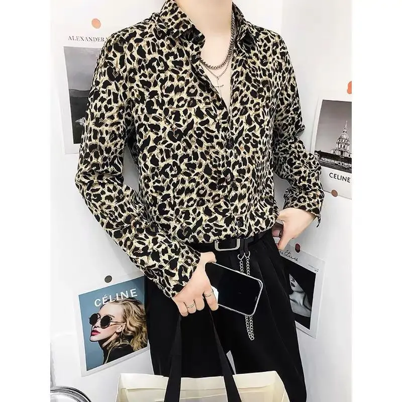 Spring Autumn New Fashion Turn-down Collar Long Sleeve Leopard Blouse Men\'s Clothing Printing Button Korean Trend Hip Hop Shirts