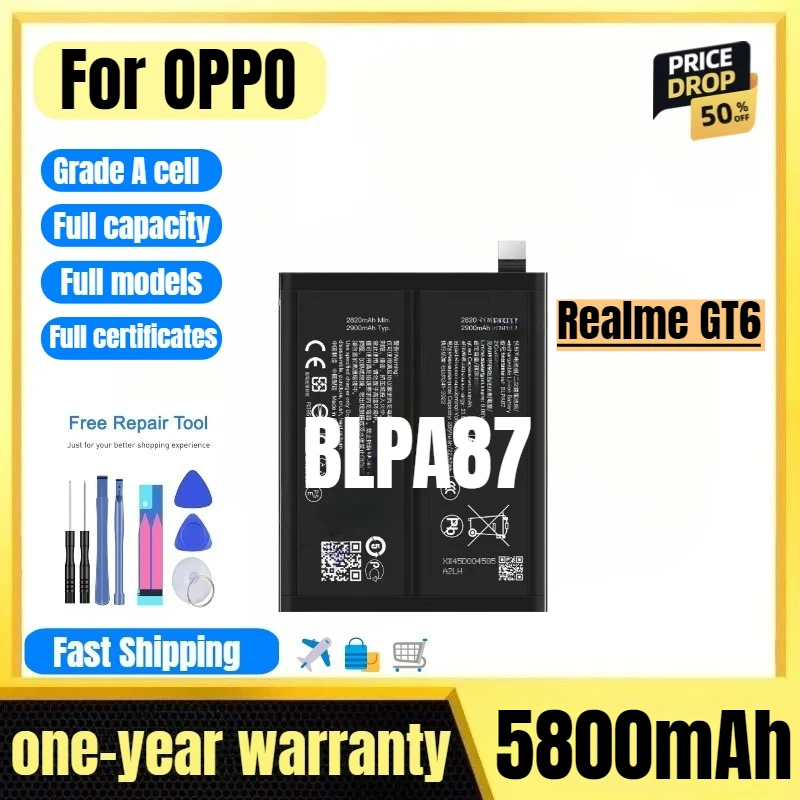 

BLPA87 for OPPO Realme GT6 Mobile Phone Battery High Quality High Capacity Battery Replacement Bateria Grade A Cell with Tools