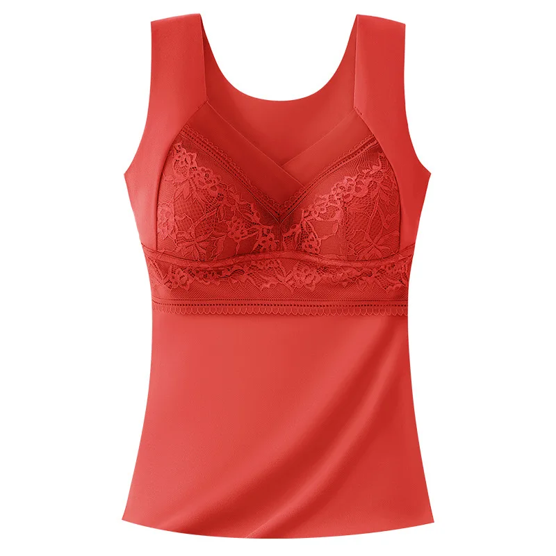 

Thickened Fashionable Lace Warm Vest Women Plush Thermostatic Heating Underwear With Bra Pad Slim Bottoming Top Red Vest