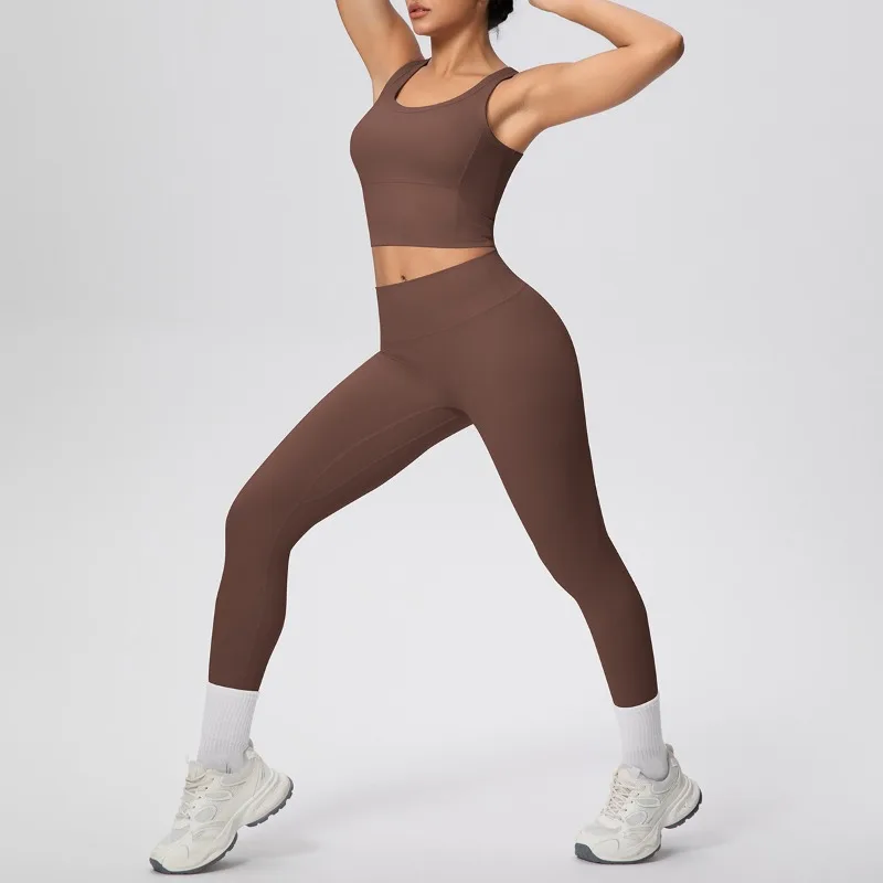 

Женский комплект для йоги, новый двусторонний абразивный однотонный дышащий жилет с высокой талией, брюки с подтяжкой бедер, спортивный костюм для бега и фитнеса