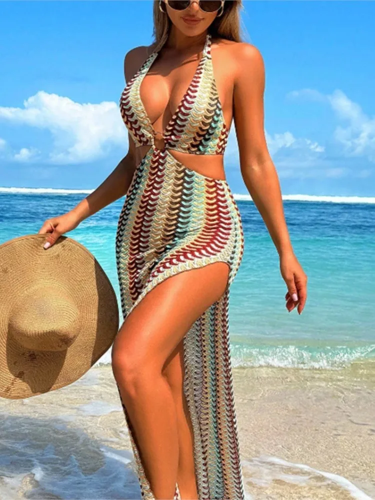 Summer Cover Ups Women Swimsuit Knitting Sleeveless Robes Bathing Suit 2026 New Print Beach Holiday Maxi Dresses Cover-Up