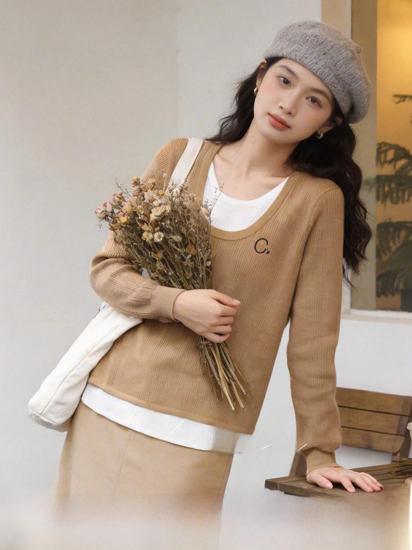 

Lazy Style Knitted Sweater Fake Two-Piece Long Sleeve Base Top plus Size Women's Casual Fashion Spring 2026 Polyester Fiber