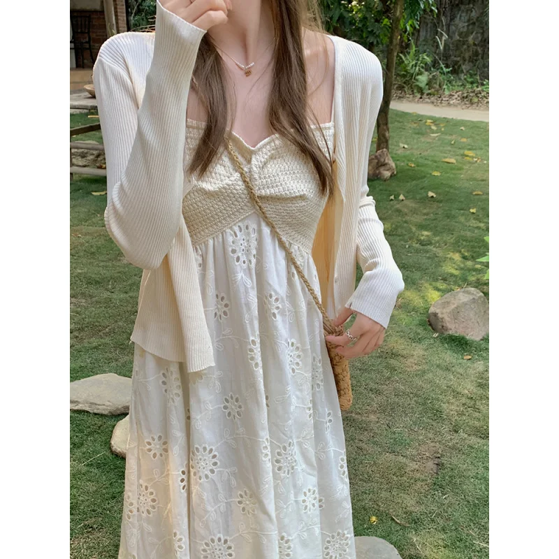 Wu77 Embroidered Hollow Out Knitted Strapless Long Dress Women Heavy Large Hem Beach Vacation Dress