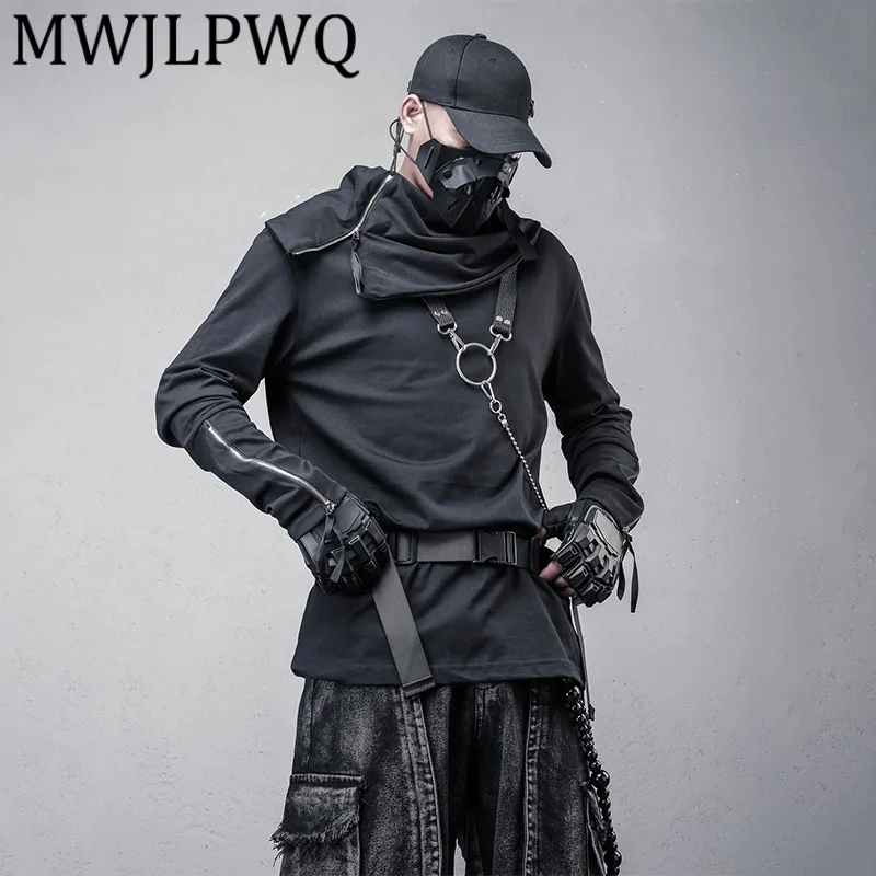 

MWJLPWQ Уличная деконструированная свободная футболка с длинными рукавами и нерегулярным вырезом, мужские темные индивидуальные топы на молнии с манжетами 12679