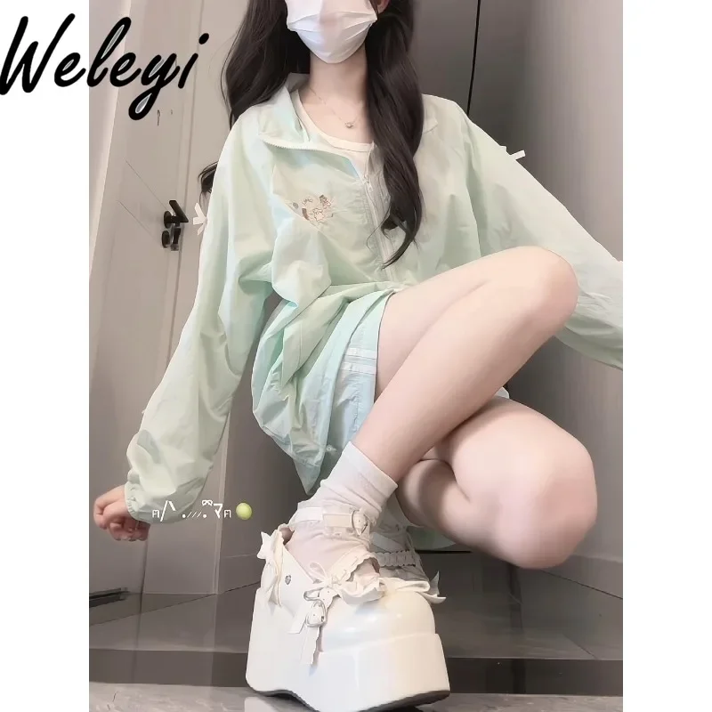 

Super Nice Small Fresh Casual Sports Suit Female Summer Sweet Girl Cute Mint Green Sunscreen Clothes Shorts Small Two Piece Set