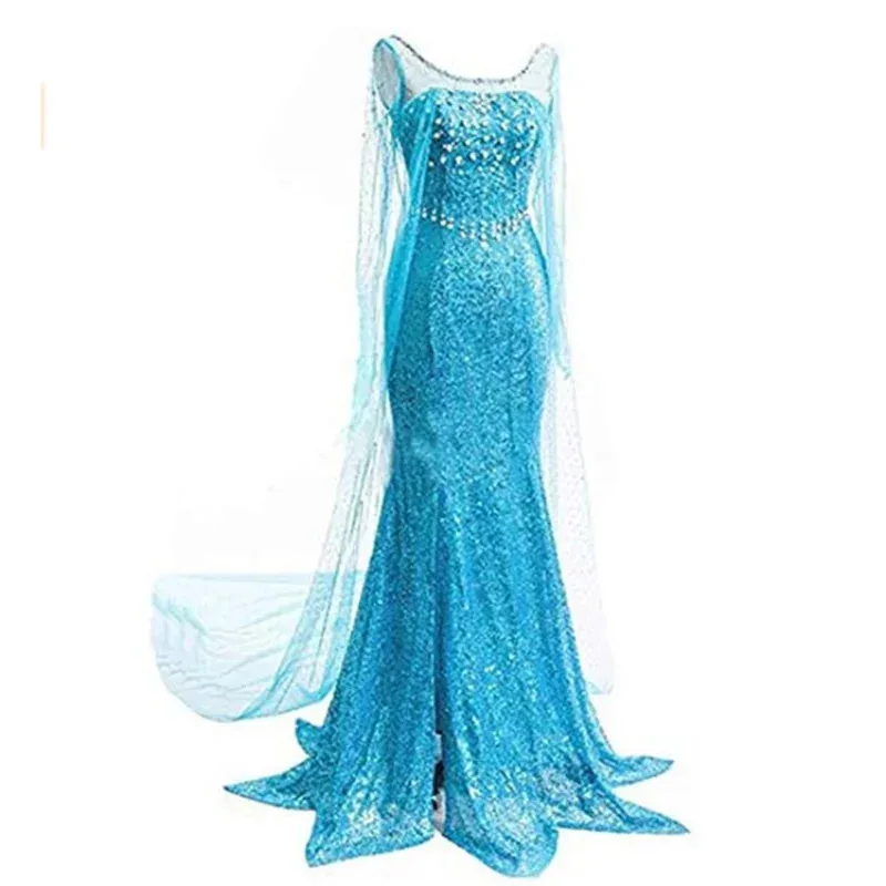 Adult Womens Snow Queen Elsa prom Costume Cosplay Party Gown Fancy Dress and wig Halloween Carnival Purim Masquerade Party