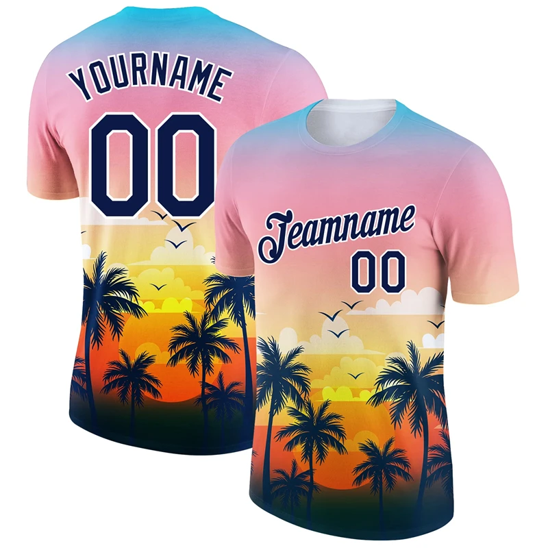 

Hawaiian Style Palm Trees Print Custom Name Men's T-shirt Summer Street Cool Trend Quickly Dry Sport Short Sleeve Basketball Top