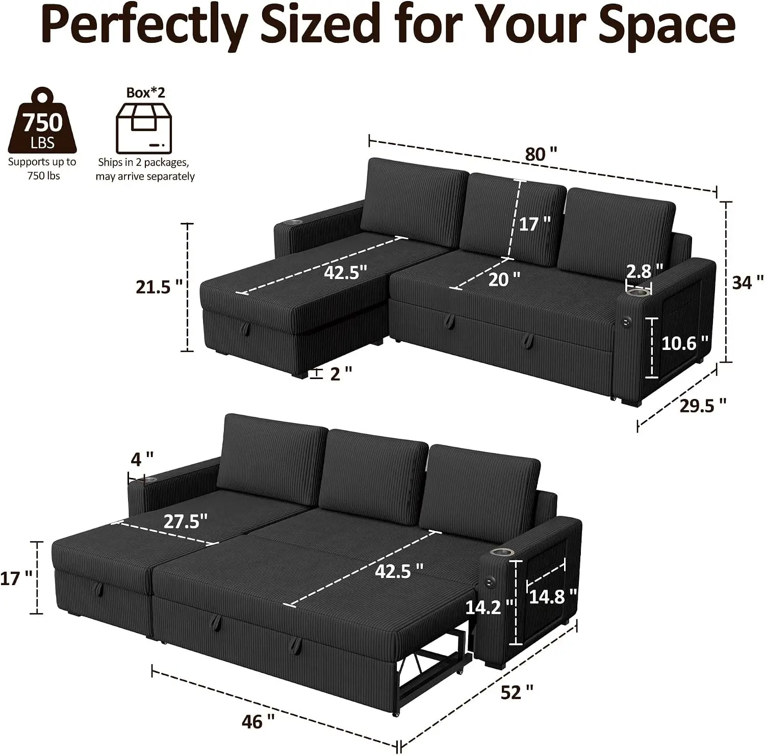 80 Inch Pull Out Sleeper Sofa Bed, Convertible Sectional Couch for Living Room