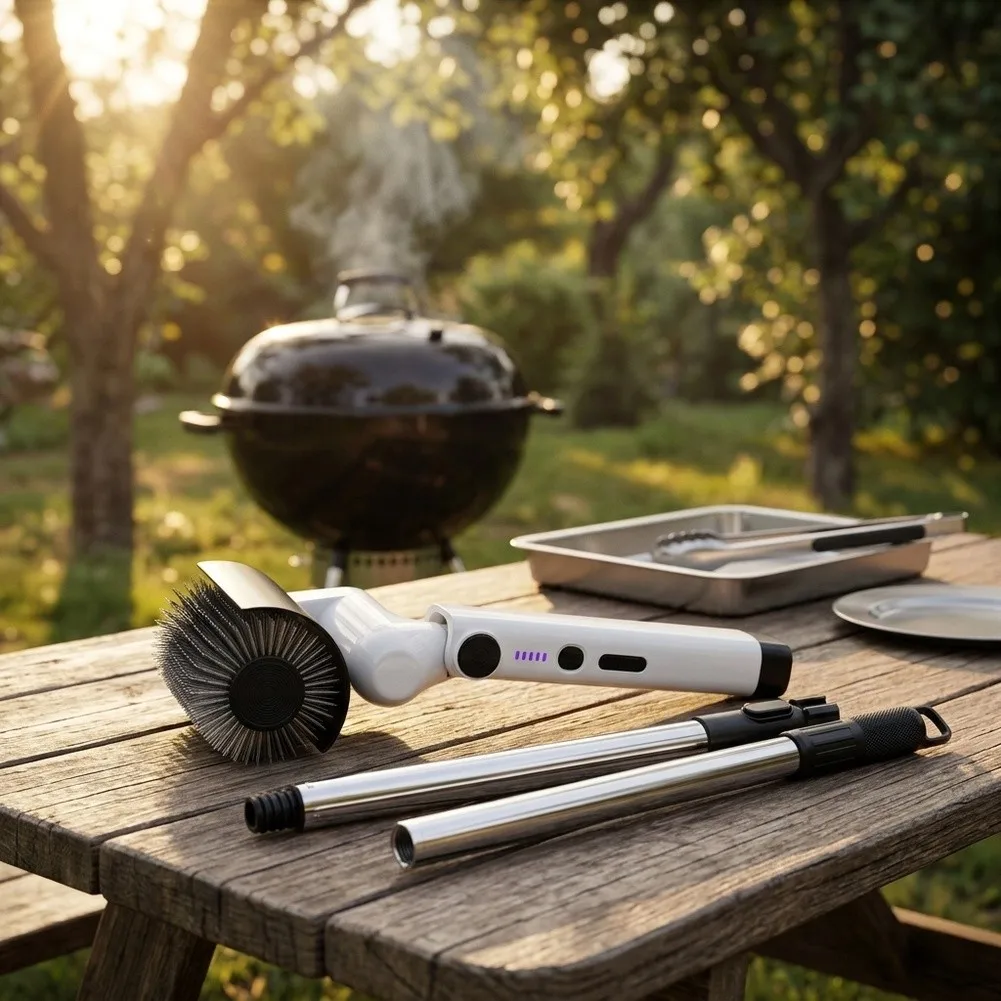 Electric Cordless Grill Brush with 3 Detachable Rollers and Extendable Metal Pole for Frequent Grilling Season Use