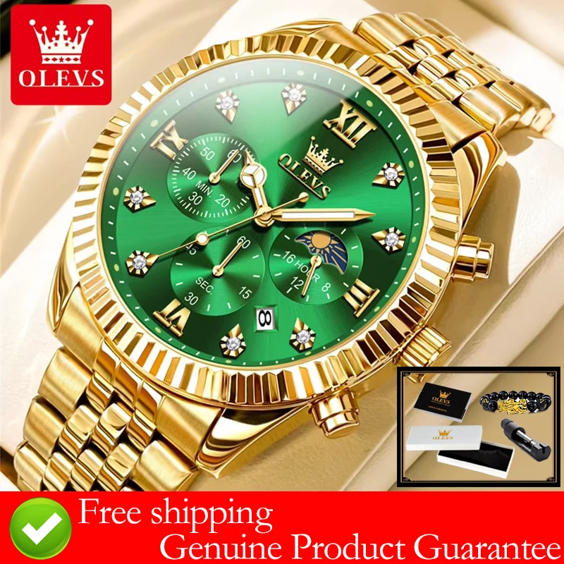 

OLEVS мужские часы с фазой луны, 43 мм, циферблат, натуральное золото, часы из нержавеющей стали для мужчин, водонепроницаемые, с датой, роскошные кварцевые мужские наручные часы