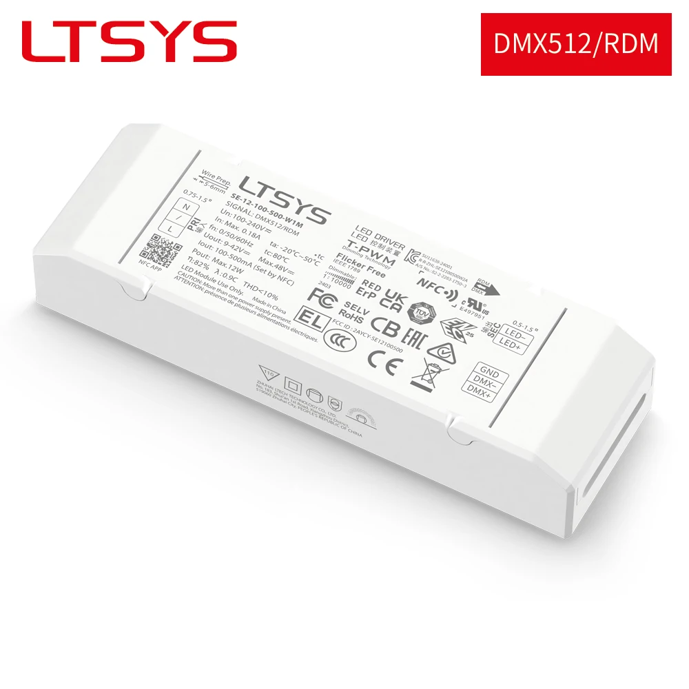LTSYS NFC DMX RMD Dimmable LED Driver 12W 100mA-500mA Constant Current Class 2 Power Supply AC 100-240V to DC 9-42V Transformer