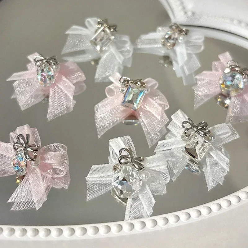 Colorful Organza Bowknot Charm Yarn Ribbon Bow Tie Rhinestones Pile Drill Heart Nail Art Decoration Crystal Manicure Accessories