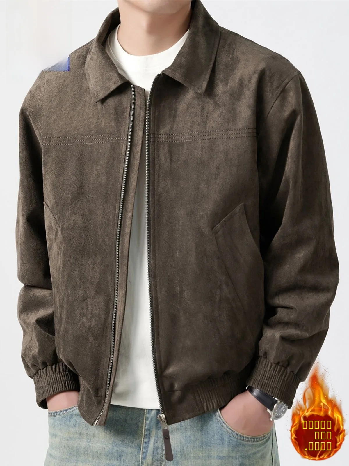 

Rn Men's Suede Jaet ort Casual Sle Zipper Closure Winter Outerwear Comfortable Polyester Fiber Youth Faion