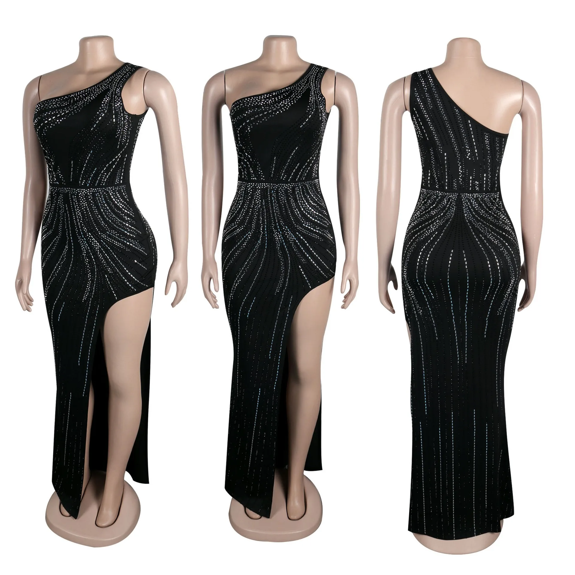 เซ็กซี่ไนท์คลับปาร์ตี้คลับจัดเลี้ยงพรหม Hot Rhinestone แขนกุดไหล่เอียงแยกสะโพกยืดชุด