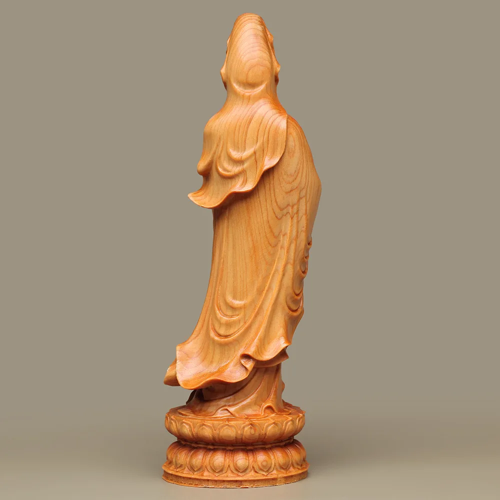 Natural Cypress Lotus Guanyin Small Statue  Chinese Buddha Statues Home Room Office Car Feng Shui Figure Statue Log Color4.71 in