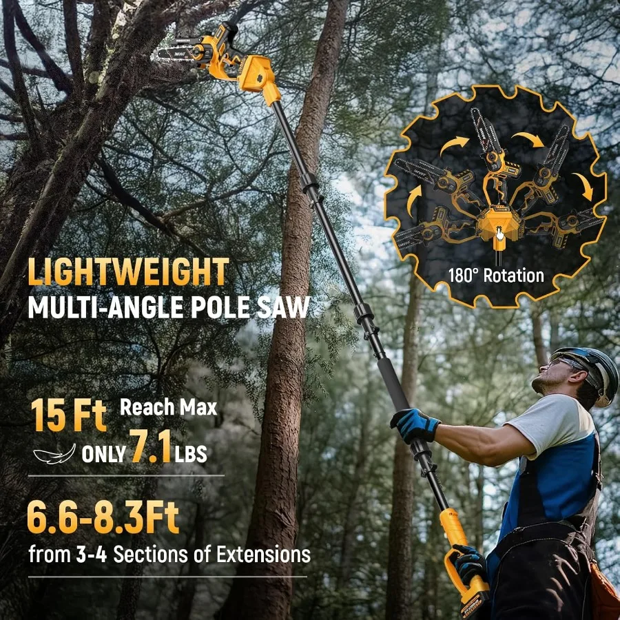 2IN1 전기 폴쏘우 8인치 미니 전기톱 무선 연장봉 포함 21V 2×4.0Ah 배터리 구동 폴쏘우 최대 15피트 도달 가능