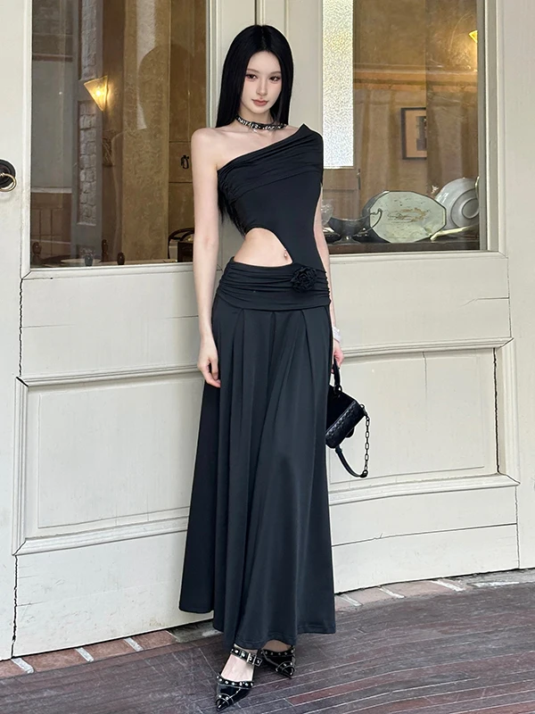 エレガントな韓国風の奇妙なデザインのロングドレス、女性用、ウエストを絞った肩出しドレス、花柄装飾、夏の季節のドレス