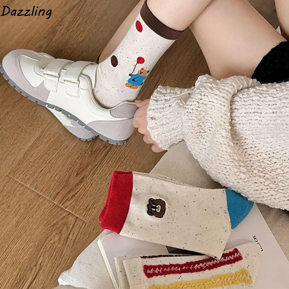 

3Pairs Sweet Cute Mid-calf Socks Bear Stripe Cartoon Socks Hosiery Mid Tube Cotton Socks Winter