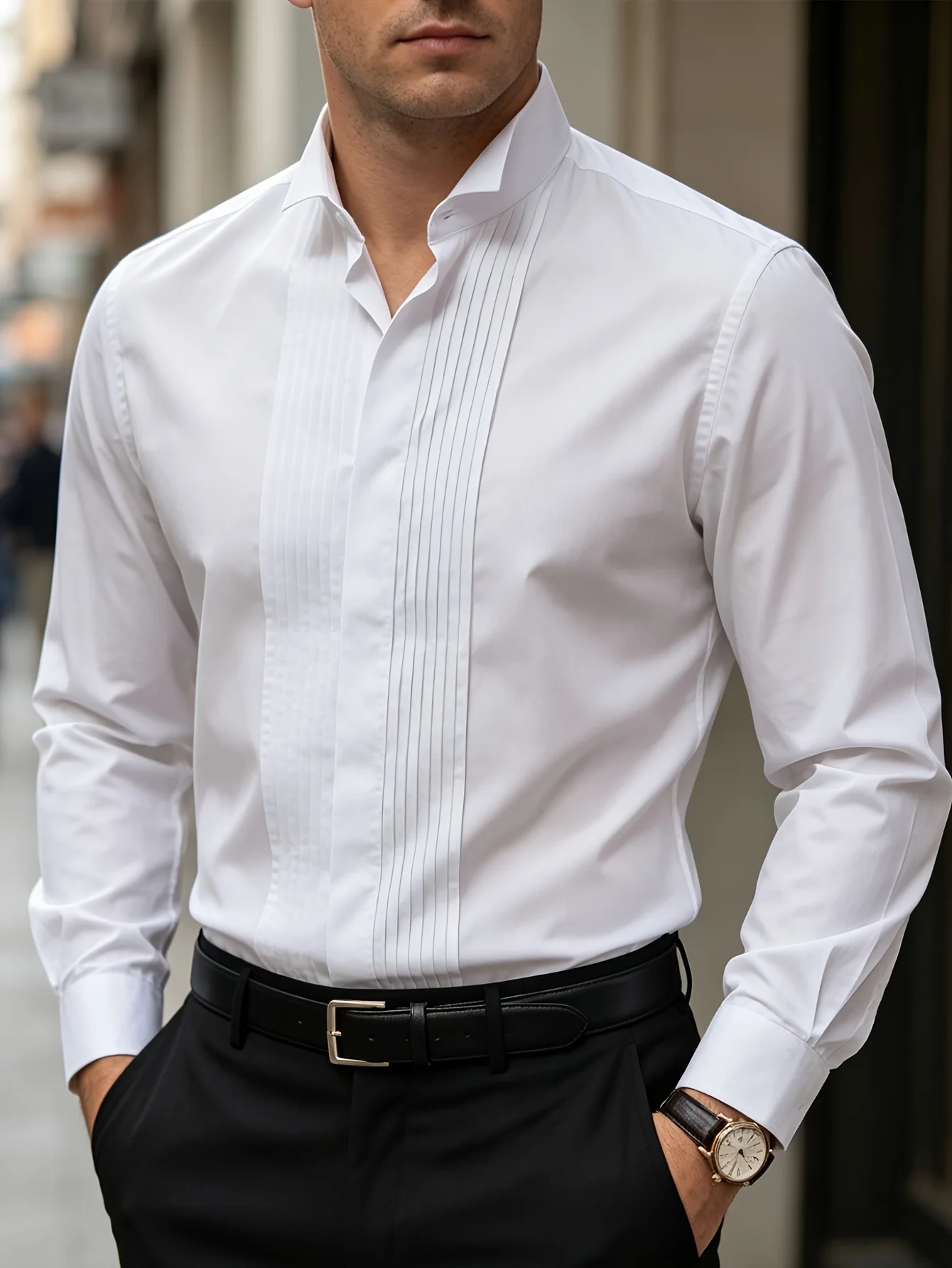 FGKKS Men White Tuxedo Shirt New  Luxury Long Sleeve Smart Casual Banquet Elastic Wrinkle-free Male Business Dress Shirts