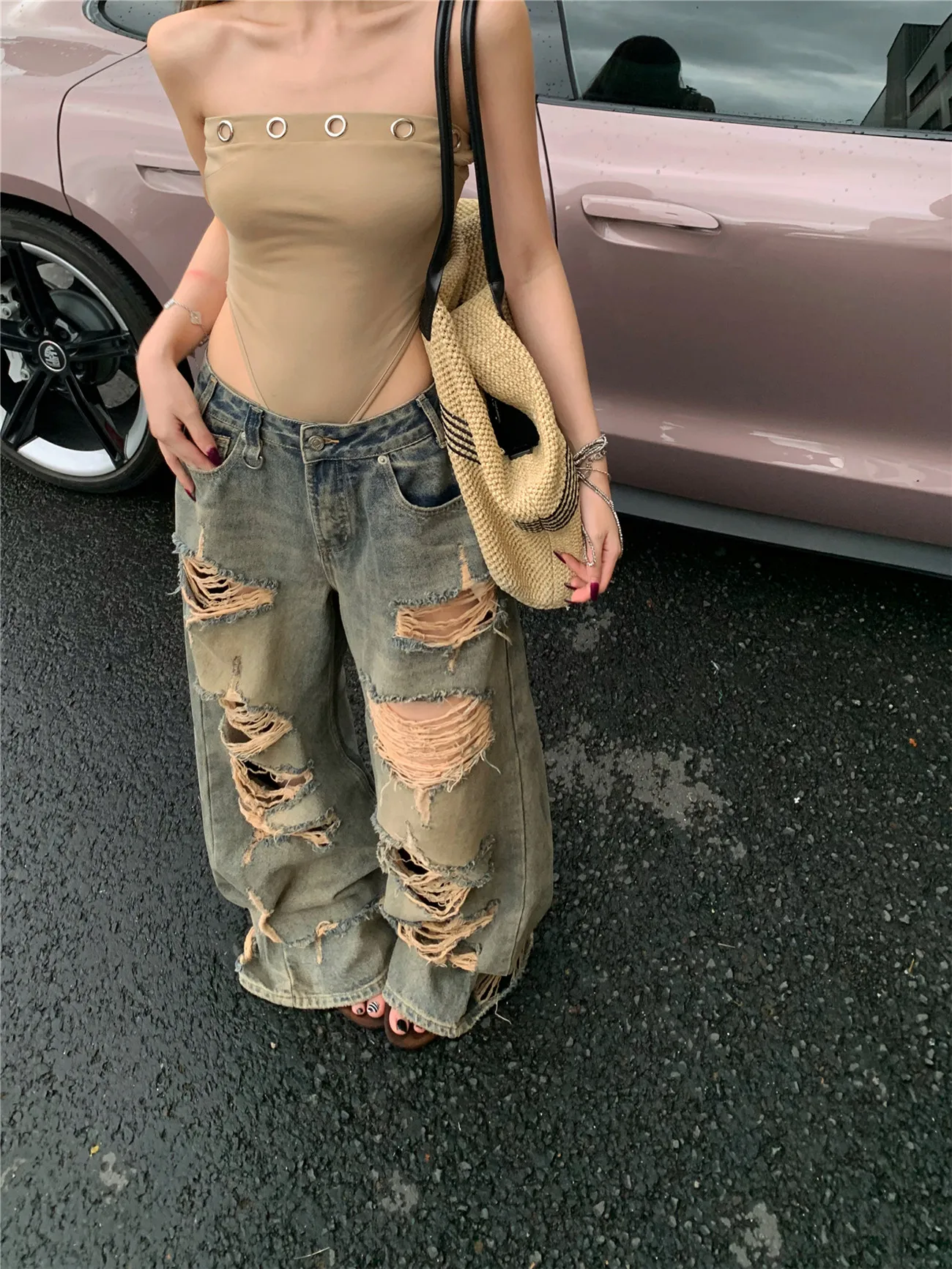 Retro Faded Hole Denim Jeans Women's American High Waist plus Size Slimming Wide Leg Straight Long Pants Casual Style