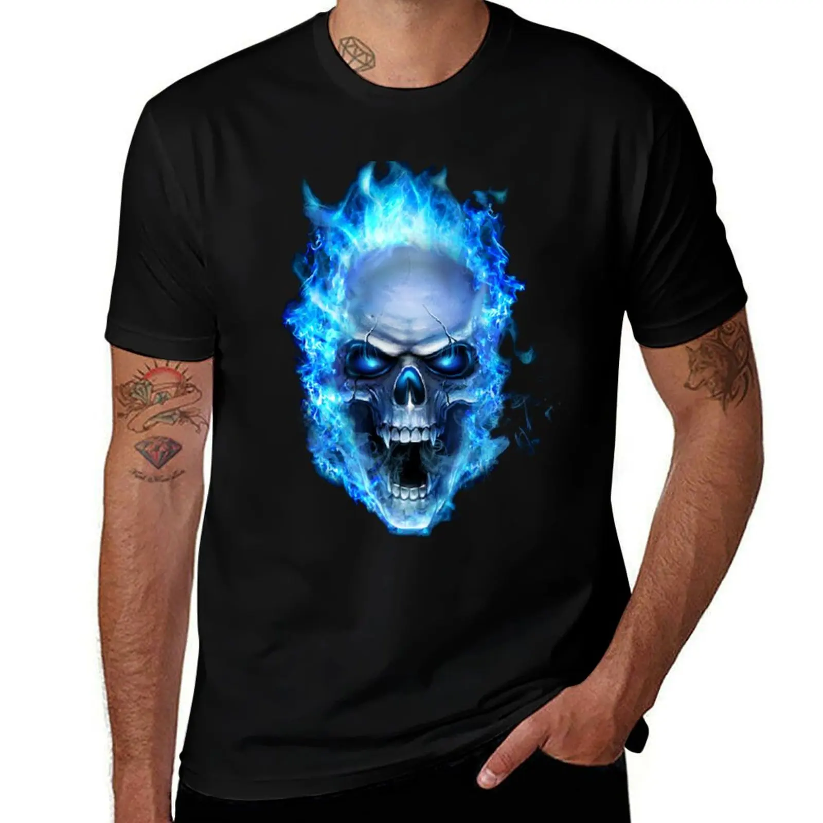 Flaming Blue Skull Cool Graphic T-Shirt Simple Casual Short Sleeve Cotton T-Shirt