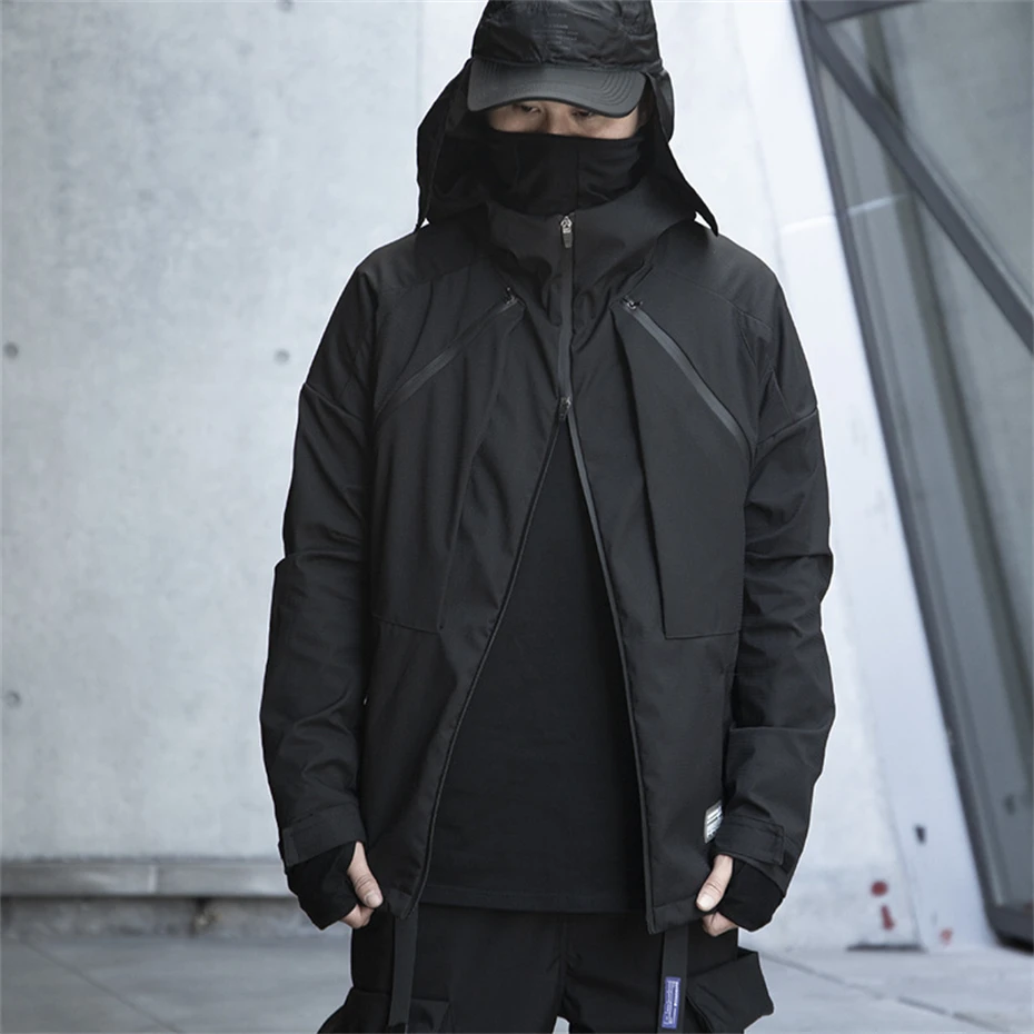 2025 Black Tactical Jackets Men Function Vintage Punk Ninja Windbreaker Streetwear Multi Pockets Waterproof Hooded Techwear Coat