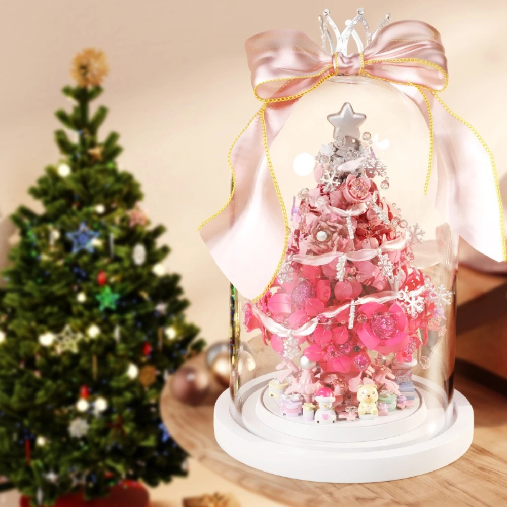 Set Blok Bangunan Pohon Natal Laut Bunga Merah Muda MOC Star Wish Dengan Lampu Mainan Spesial Festival Untuk Anak-Anak Hadiah Natal Liburan