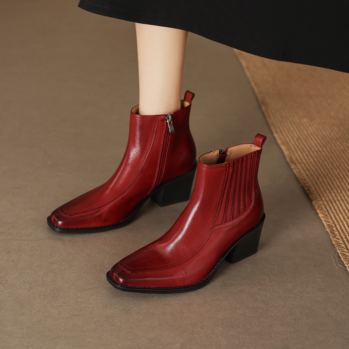 New Winter Trend Genuine Cow Leather Women Ankle Boots Black Brown Block Heels Pointed Toe Side Zipper Fashion Chelsea Boots