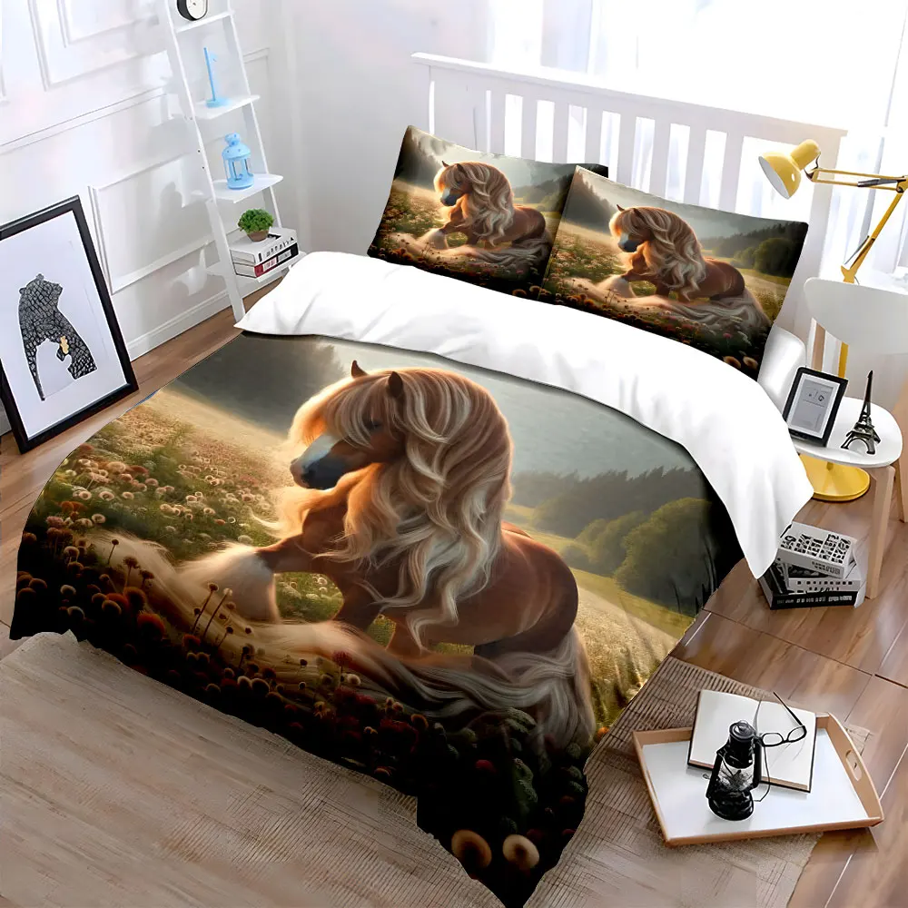 Graceful long-maned horse in flower meadow Printed Duvet Cover Set1 Duvet Cover+2 PillowcaseMulti Size Bedroom Bedding Decor